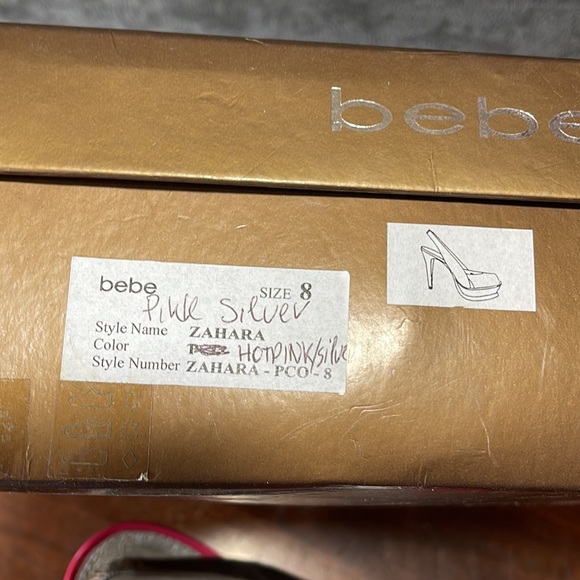 Bebe Zahara, hot pink & silver, open toe sling back platform stilettos, size 8 - Picture 11 of 12